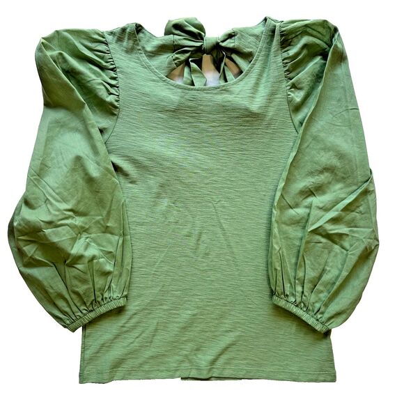 Nation LTD Shalom Tie Back Puff Sleeve Top Blouse Combo Tee XS Clover Green - Picture 5 of 12